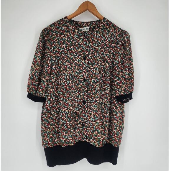 Vintage Floral Button Front Blouse Black Trim Size 20 Made in USA - Picture 11 of 12